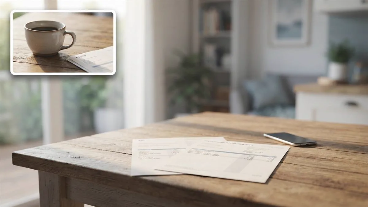 A payslip and a superannuation statement side by side on a kitchen table